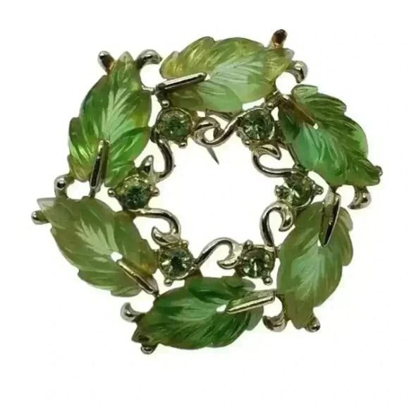 Vintage Brooch Molded Green Leaves & Rhinestones Wreath Detailed Vines - Picture 2 of 6